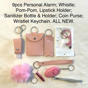 Personal Security Alarm Whistle Keychain Pompom Lipstick Holder Set Kit Bundle